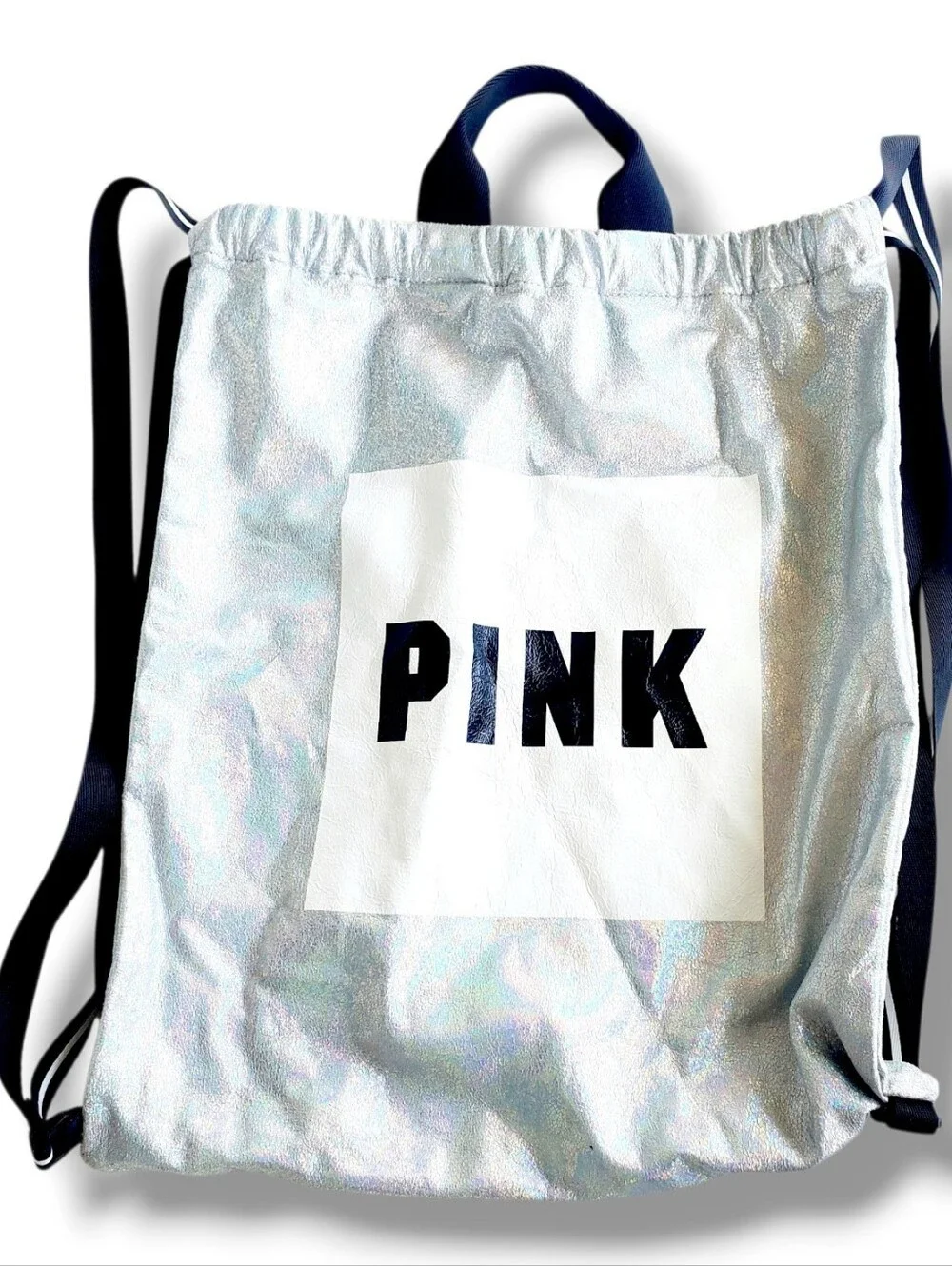Victoria's Secret PINK Backpack Iridescent Silver Drawstring Logo Bag Tote